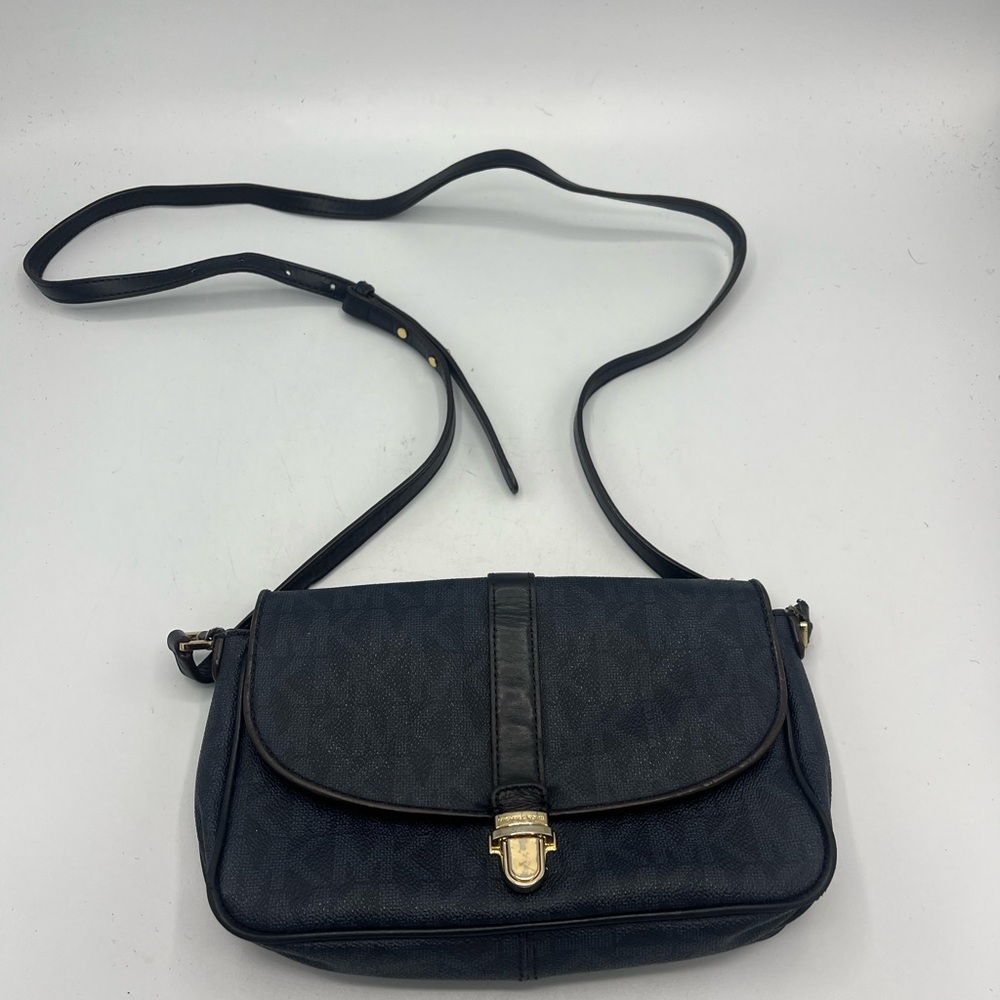 Michael Kors Charlton Navy Blue MK Buckl Monogram Crossbody Shoulder Bag